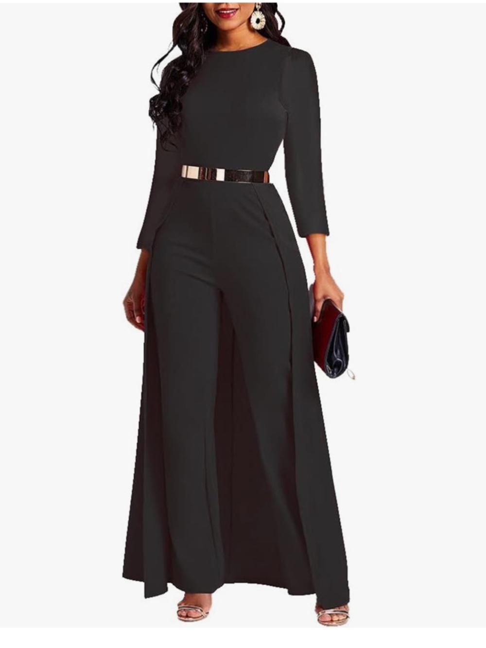 Black Long-Sleeve High-Waist Jumpsuit,L